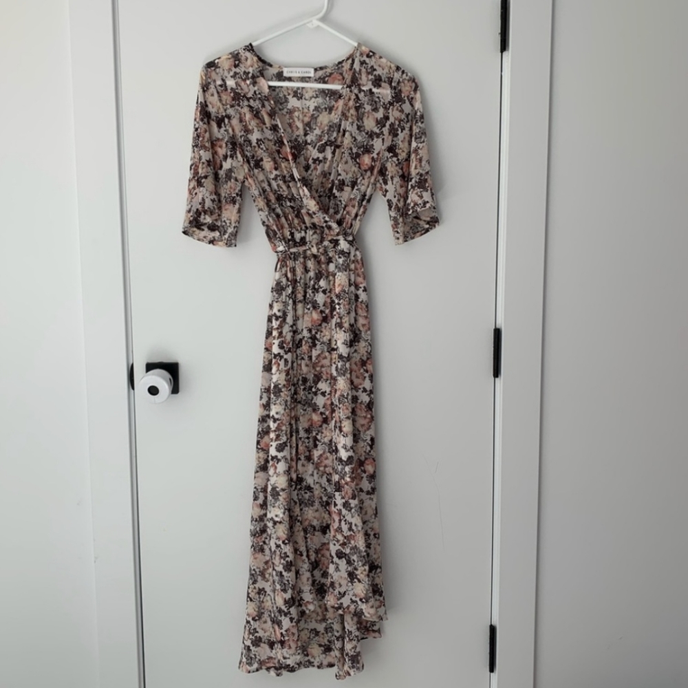 Pink Floral Midi Dress with Flow-y Sleeve Sz Small